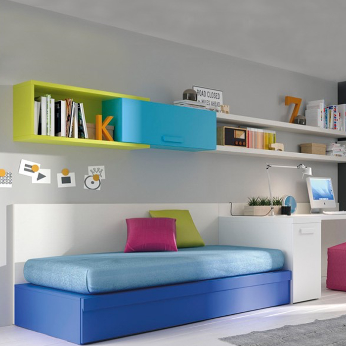 Dormitorio individual: cama nido compacta, armario, escritorio, 3 estantes  - Rimini 05 - Don Baraton: tienda de sofás, colchones y muebles