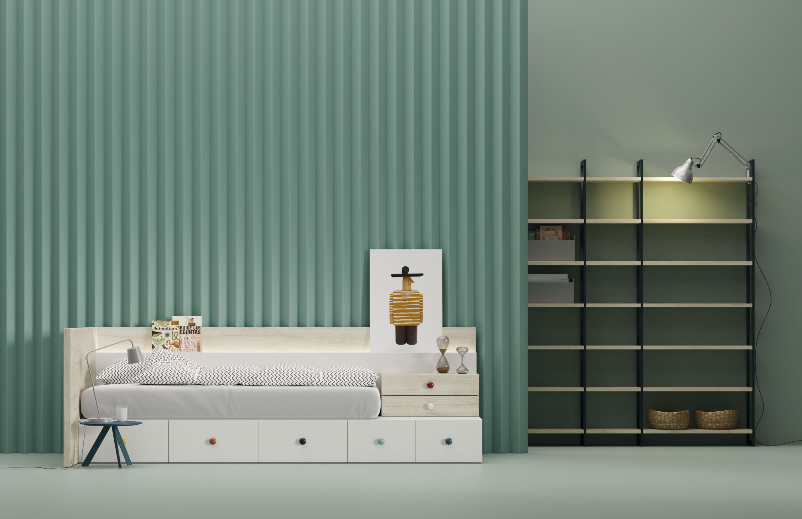 Dormitorio infantil con cama cajones y luz led • Buddy