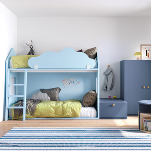 Dormitorio infantil litera casita y escalera estantería • Stay 41