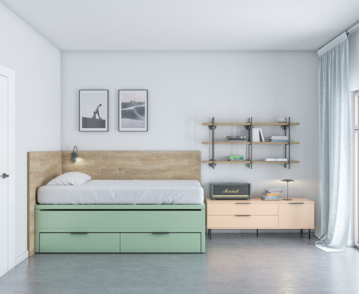 Dormitorio juvenil con cama compacta con deslizante y zona de estudio.