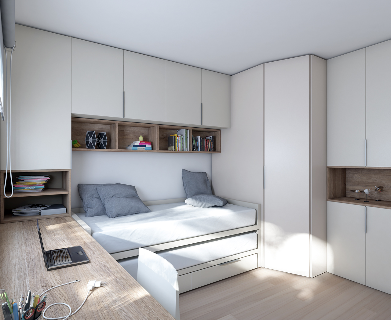 Dormitorio juvenil compacto con dos camas y cajones • STAY 27