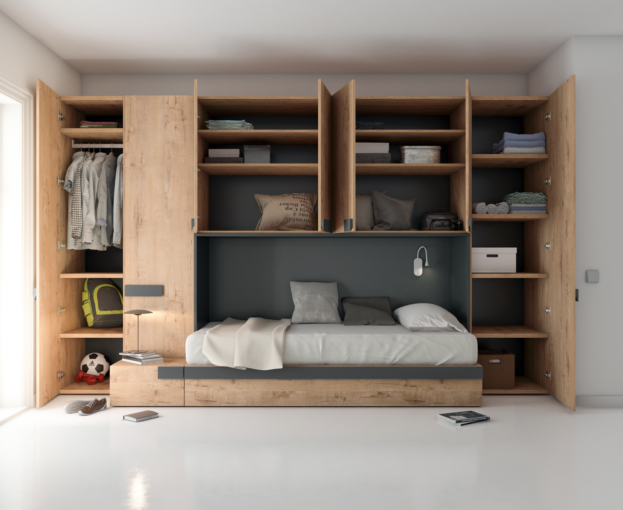 Dormitorio juvenil completo formado por cama compacta, armario y diáfano