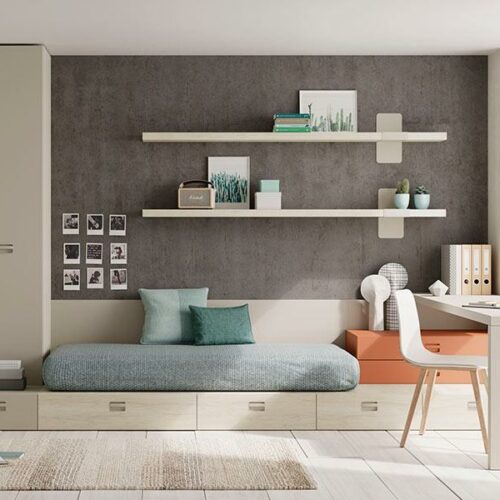 Dormitorio juvenil con cama Kubox · Armario Dressbox y mesa escritorio Homage